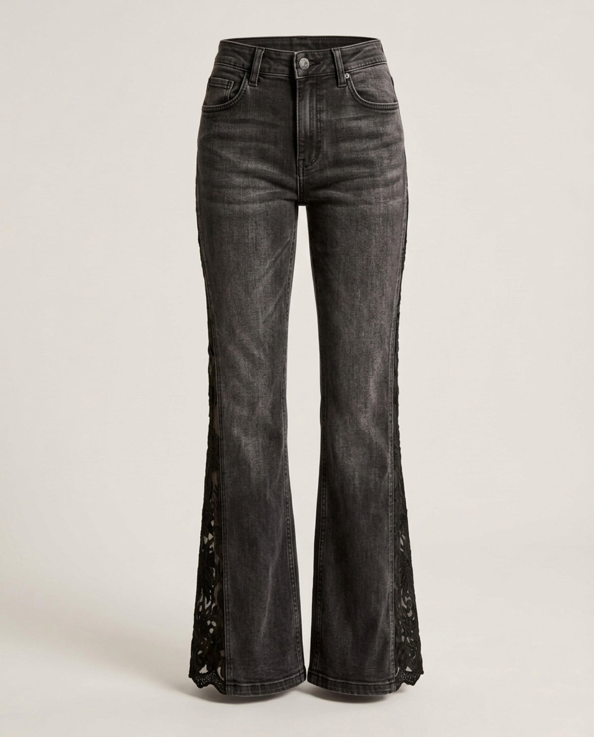 Black lace panel flare jeans, front view