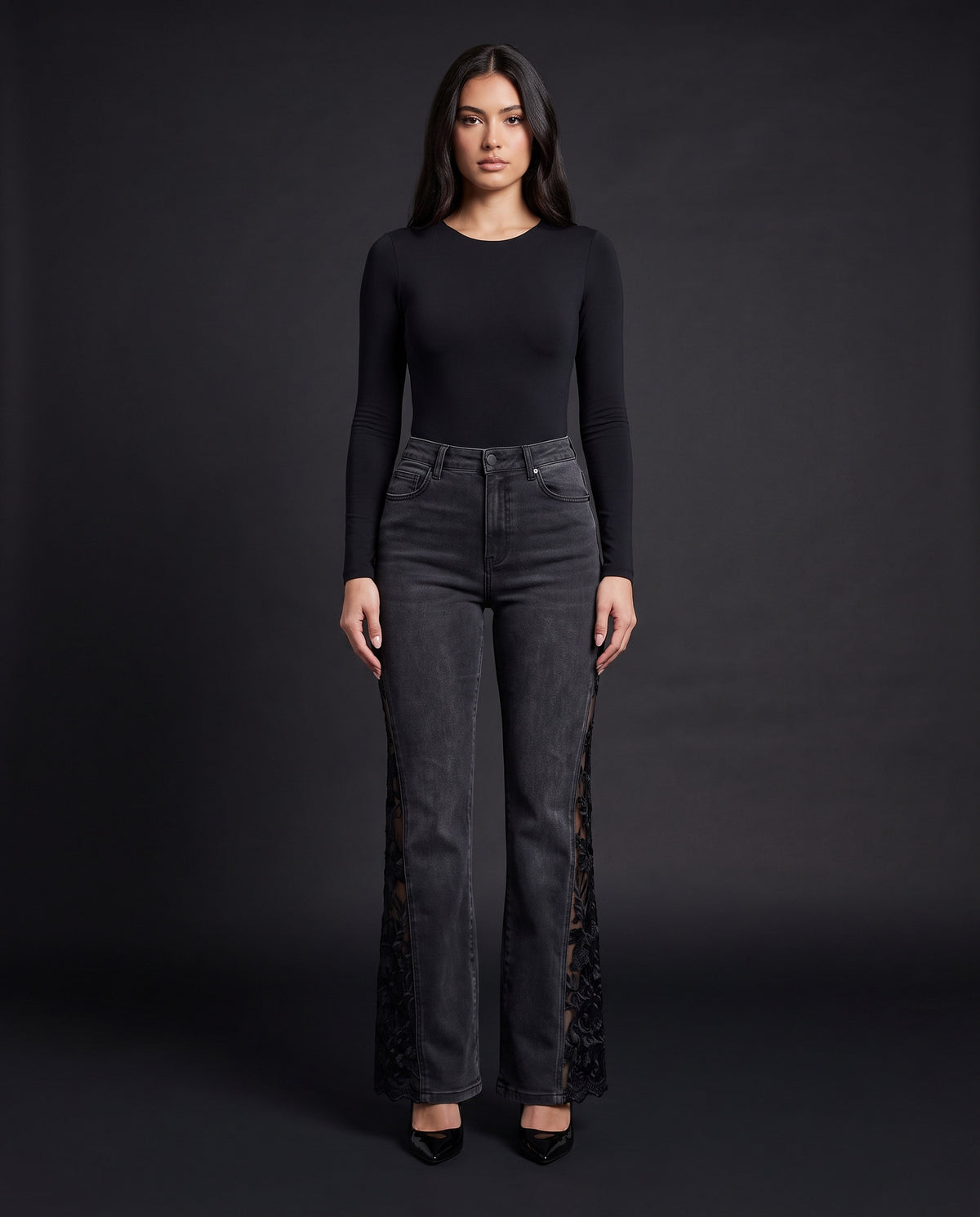 Front view of the black lace panel flare jeans