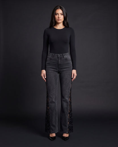 Front view of the black lace panel flare jeans