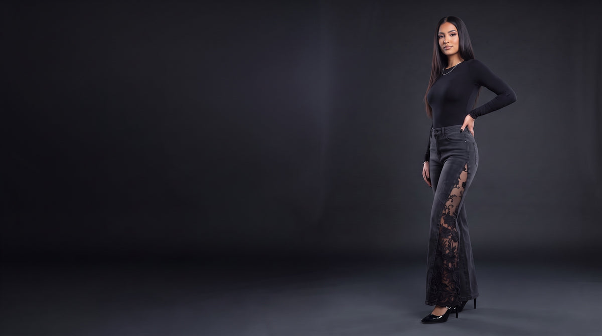 Model in black lace panel flare jeans