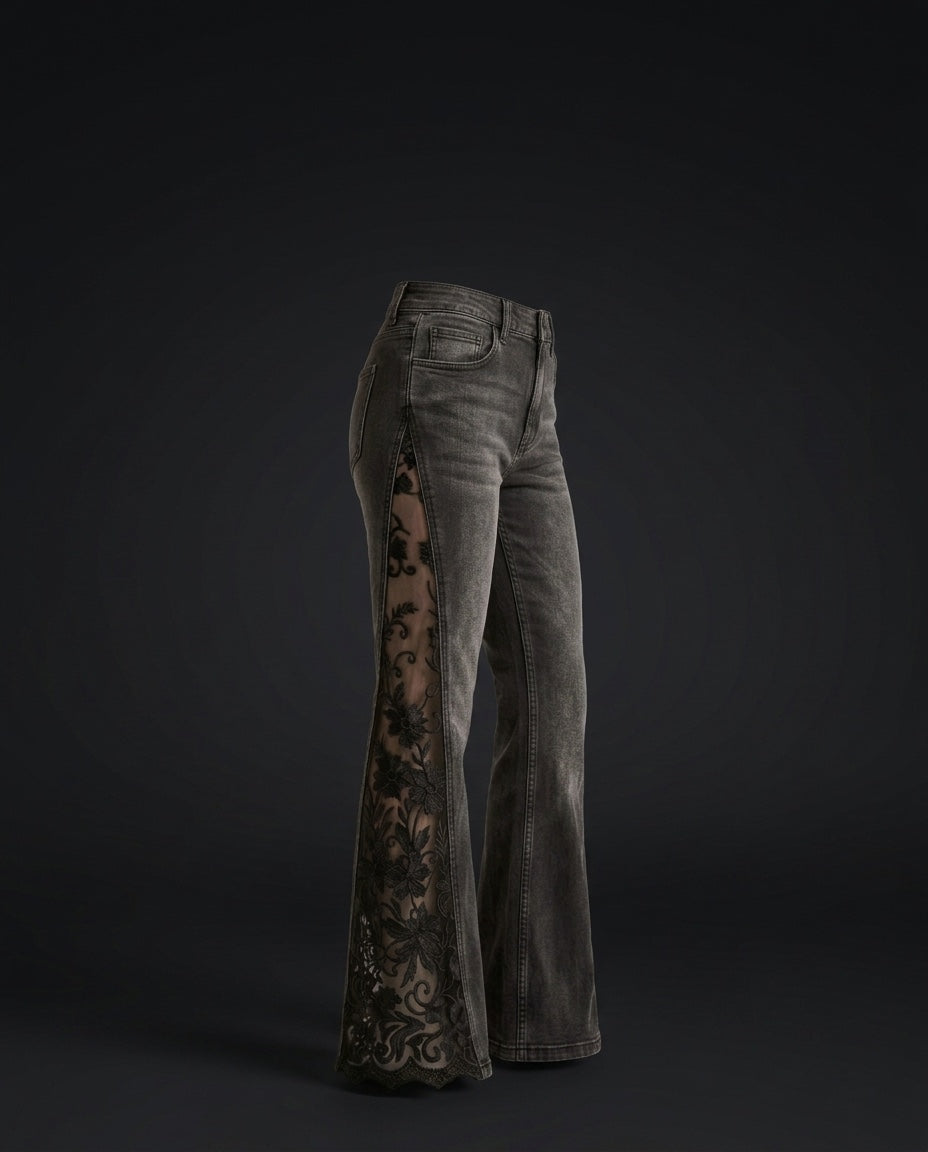 Black lace panel flare jeans